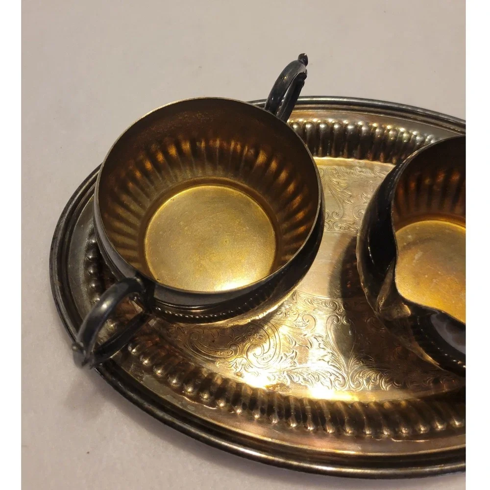 Vtg Oneida‎ Creamer Sugar Tray Set Silver Regency Tea Service MCM Tarnished